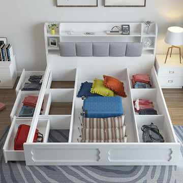 Modern White Storage Bed Low Profile Queen Bed with 3 Drawers